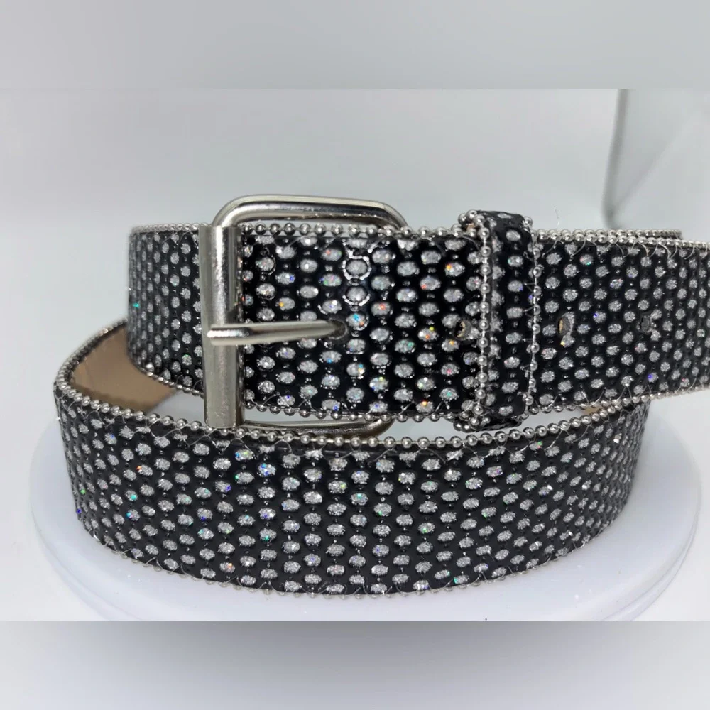 BLACK RHINESTONE BELT Western Y2K Women's Emo Goth‎ Studded Silver Streetwear 2X